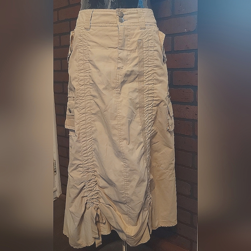 Y2K Utility Cargo Midi Skirt Cream Cotton Ruched Hem Deane White Sz 4 - Picture 2 of 13